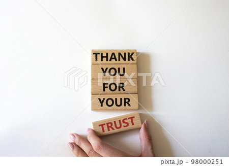Thank you for your trust symbol. Wooden blocks with words Thank you for your trust. Beautiful white background. Businessman hand. Business and Thank you for your trust concept. Copy space Thank you for your trust symbol. Wooden blocks with words Thank you for your trust. Beautiful white background. Businessman hand. Business and Thank you for your trust concept. Copy space 98000251