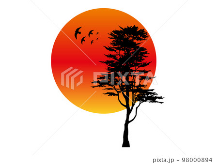 Tree silhouette and eagles, red sunset landscape logo concept, vector isolated on white background Tree silhouette and eagles, red sunset landscape logo concept, vector isolated on white background 98000894