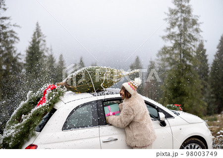 Woman travels by car with presents and Christmas tree on the mountain road Woman travels by car with presents and Christmas tree on the mountain road 98003749