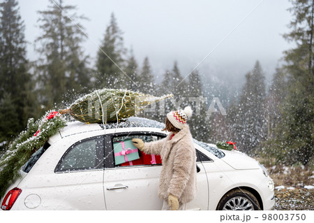 Woman travels by car with presents and Christmas tree on the mountain road Woman travels by car with presents and Christmas tree on the mountain road 98003750