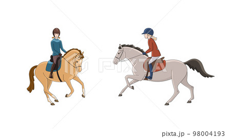 Two cute young riders are riding a pony 98004193