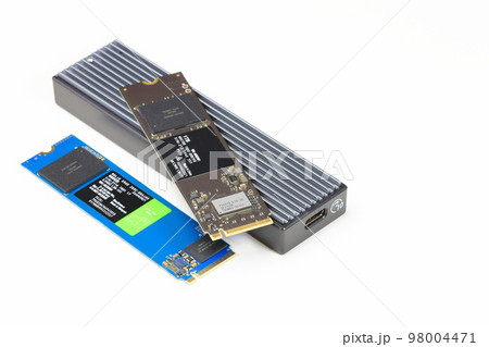 SSD m.2, Nvme install on M2 to usb type-C enclosure for convert interface from M2 to USB interface isolated on white background SSD m.2, Nvme install on M2 to usb type-C enclosure for convert interface from M2 to USB interface isolated on white background 98004471