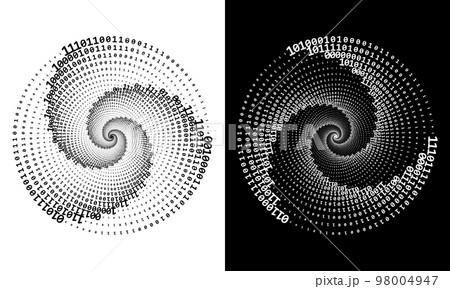 Abstract numbers one and zero in a spiral over a black and white backgrounds. Big data concept, logo icon or tattoo. The numbers 1 and 0 alternate randomly. 98004947