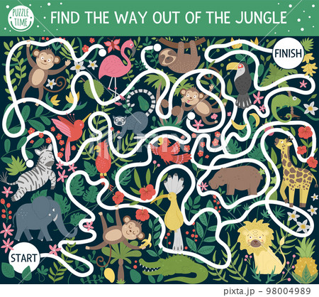 Tropical maze for children. Preschool exotic activity. Funny exotic puzzle with cute animals, birds, plants, fruit. Find the way out of the jungle. Summer game for kids Tropical maze for children. Preschool exotic activity. Funny exotic puzzle with cute animals, birds, plants, fruit. Find the way out of the jungle. Summer game for kids 98004989