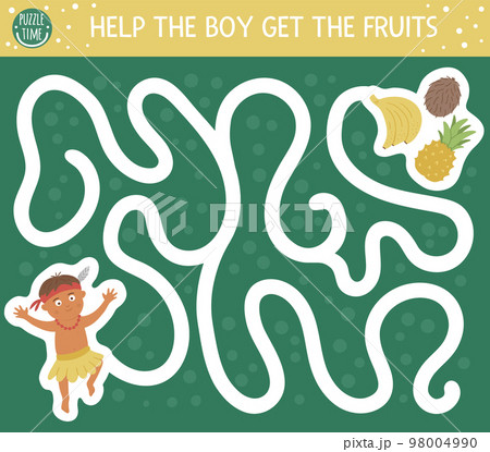 Tropical maze for children. Preschool exotic activity. Funny jungle puzzle. Help the boy get to the fruits. Simple summer game for kids Tropical maze for children. Preschool exotic activity. Funny jungle puzzle. Help the boy get to the fruits. Simple summer game for kids 98004990