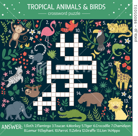 Vector summer crossword puzzle for kids. Quiz with tropical animals and birds for children. Educational jungle activity with cute funny characters 98005031