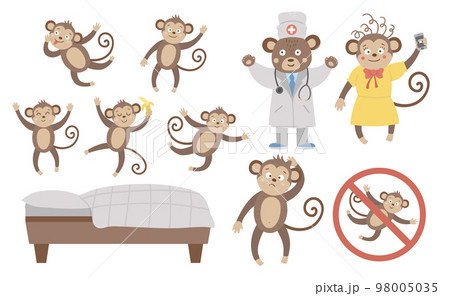 Vector set with cute five little monkeys, mommy, doctor, bed isolated on white background. Funny nursery rhyme and song illustration. Bright flat picture for children. Jungle summer clip art Vector set with cute five little monkeys, mommy, doctor, bed isolated on white background. Funny nursery rhyme and song illustration. Bright flat picture for children. Jungle summer clip art 98005035