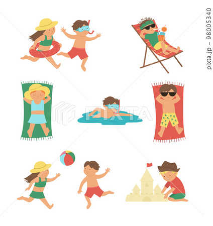 Vector set with children doing summer activities. Kids playing on the beach. Cute girls and boys swimming, playing ball, constructing sandcastle and lying in the sun. Fun summer illustration 98005340