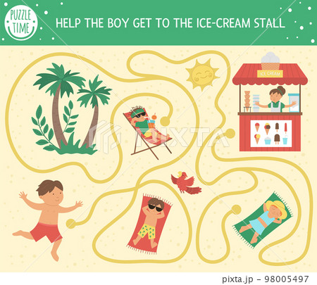 Summer maze for children. Preschool beach holidays activity. Funny puzzle with cute boy, ice-cream stall, sunbathing people. Holiday game for kids. Printable activity with ice cream kiosk 98005497