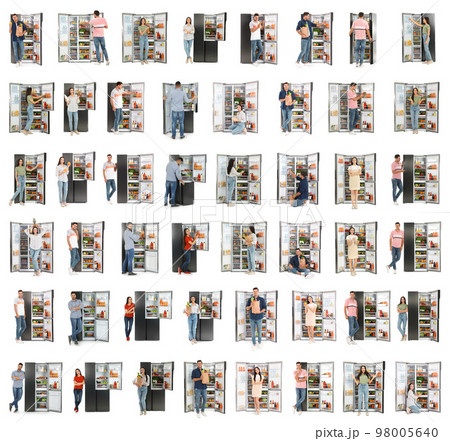 Collage of people near open refrigerators on white background Collage of people near open refrigerators on white background 98005640
