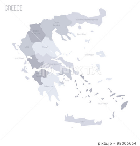 Greece political map of administrative divisions - decentralized administrations and autonomous monastic state of Mount Athos. Grey vector map with labels. 98005654