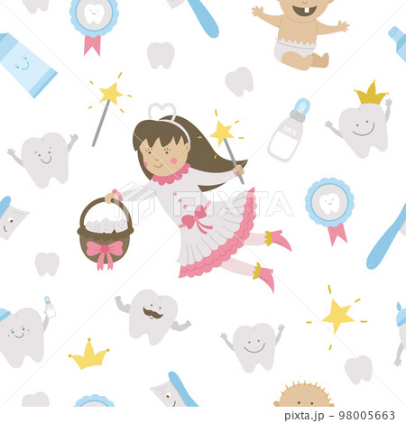 Cute tooth fairy seamless pattern. Kawaii fantasy princess background with funny smiling toothbrush, baby, molar, milk bottle, medal, toothpaste, teeth. Funny dental care texture for kids. Cute tooth fairy seamless pattern. Kawaii fantasy princess background with funny smiling toothbrush, baby, molar, milk bottle, medal, toothpaste, teeth. Funny dental care texture for kids. 98005663