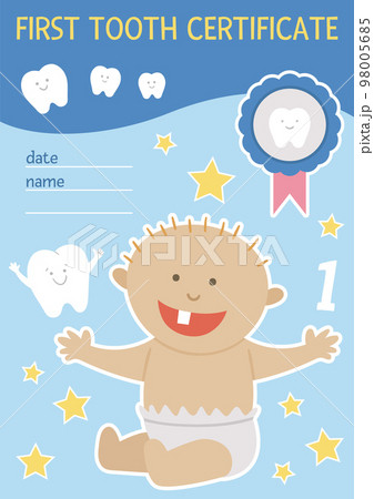 First tooth certificate. Cute vector document for kids. Funny card template with cute smiling baby in diaper. Dental care picture for children. Dentist baby clinic clipart First tooth certificate. Cute vector document for kids. Funny card template with cute smiling baby in diaper. Dental care picture for children. Dentist baby clinic clipart 98005685