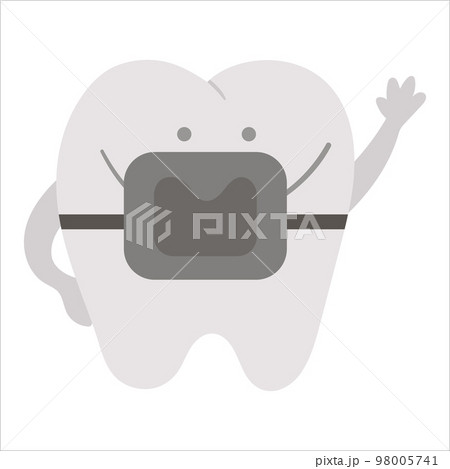 Cute kawaii tooth with braces. Vector teeth icon for children design. Funny dental care picture for kids. Dentist baby clinic clipart with mouth hygiene concept on white background. 98005741