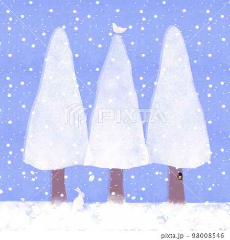 冬の森の風景、雪の降る森の挿絵、雪化粧した木に集う動物の挿絵、雪が降る森の風景 98008546