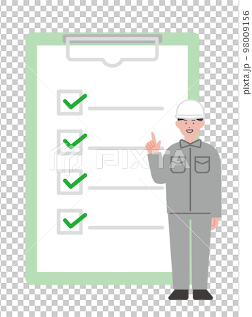Illustration of a man in work clothes and a checklist Illustration of a man in work clothes and a checklist 98009156