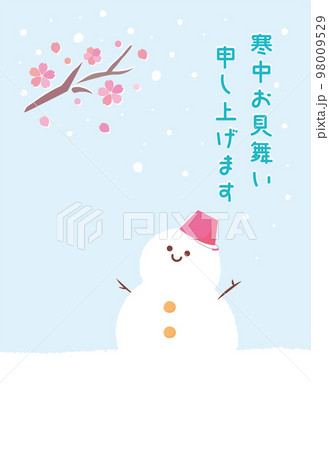 早咲きの桜と雪だるまの寒中見舞いはがきデザイン　パステルカラー 98009529