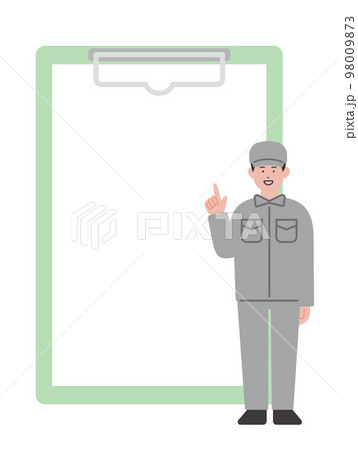 指差しをする作業服の男性とバインダーのイラスト 98009873