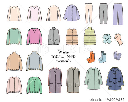 女性用の冬服の手書きタッチイラストセット　トップス・インナー 98009885