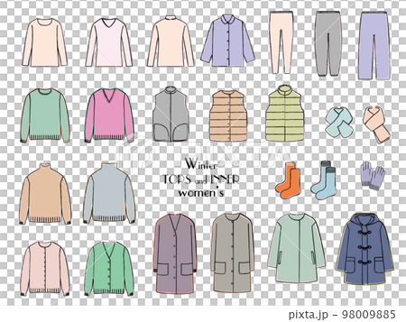 Hand-drawn touch illustration set of women's winter clothes tops and innerwear 98009885