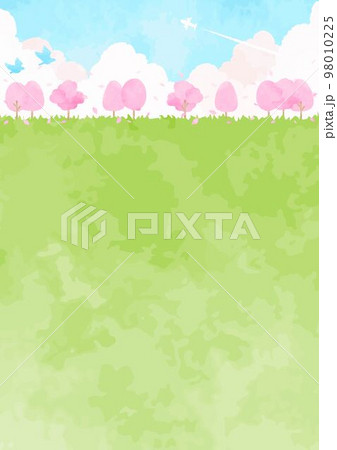 青空と草原と桜並木の風景イラスト 青空と草原と桜並木の風景イラスト 98010225