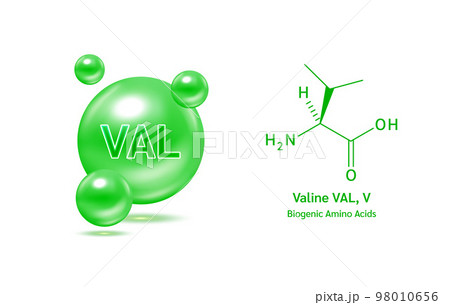 Valine amino acid capsules vitamins complex minerals. 3D Model of molecule green isolated on white background. For food supplement ad package design.  98010656