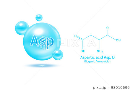 Aspartic amino acid capsules vitamins complex minerals. 3D Model of molecule blue isolated on white background. For food supplement ad package design. 98010696
