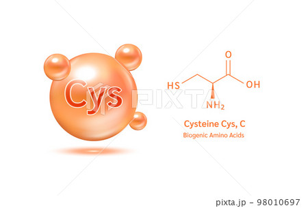 Cysteine amino acid capsules vitamins complex minerals. 3D Model of molecule orange isolated on white background. For food supplement ad package design. Science medic concept 98010697