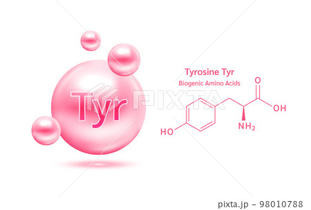 Tyrosine amino acid capsules vitamins complex minerals. 3D Model of molecule pink isolated on white background. 98010788