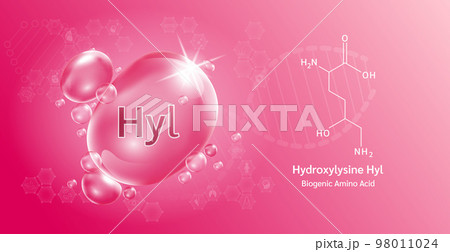 Water drop Important amino acid Hydroxylysine and structural chemical formula. Proline on a red background. Medical and scientific concepts. Water drop Important amino acid Hydroxylysine and structural chemical formula. Proline on a red background. Medical and scientific concepts. 98011024