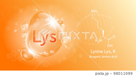 Water drop Important amino acid Lysine and structural chemical formula. Proline on a orange background.  98011099