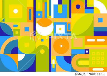 Geometric pattern. Bauhaus style. Basic forms. Green, blue and yellow colours. Minimalistic template. Geometric pattern. Bauhaus style. Basic forms. Green, blue and yellow colours. Minimalistic template. 98011130