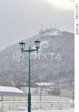 真冬の北海道函館市で雪景色の函館山と街灯の風景を撮影 真冬の北海道函館市で雪景色の函館山と街灯の風景を撮影 98011187