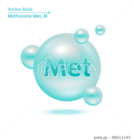 Methionine Met amino acid capsules vitamins complex minerals. 3D Model of molecule blue isolated on white background. For food supplement ad package design.  98011545