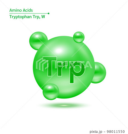Tryptophan Trp amino acid capsules vitamins complex minerals. 3D Model of molecule green isolated on white background. For food supplement ad package design. Science medic concept.  98011550