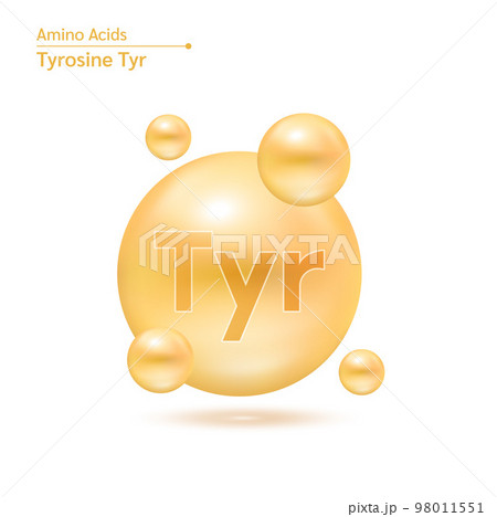Tyrosine Tyr amino acid capsules vitamins complex minerals. 3D Model of molecule orange isolated on white background.  98011551