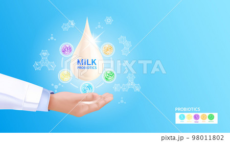 Probiotics lactic acid bacterium in milk, yogurt. Doctor hand holding milk drop and medical icon. Health benefits of taking probiotics. Digestion healthcare concept. On blue background vector. 98011802