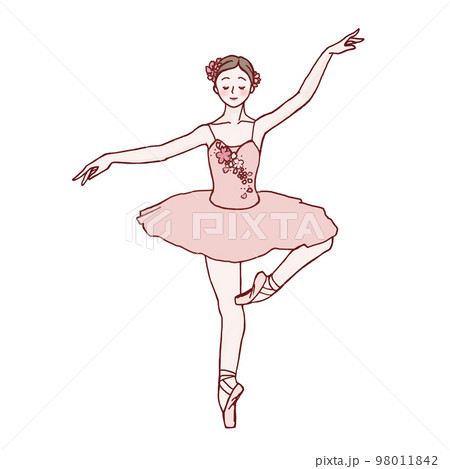 桜飾りの衣装で片足立ちで踊るバレリーナのイラスト素材 [98011842 