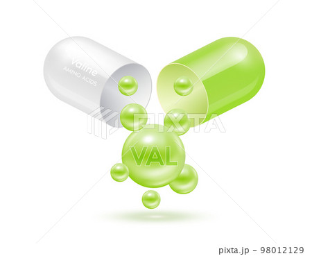Valine amino acid float out of the capsule. Vitamins complex and minerals green isolated on white background. For food supplement ad package design. Science medic concept. 3D Vector EPS10. 98012129