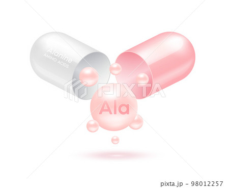 Alanine amino acid float out of the capsule. Vitamins complex and minerals pink isolated on white background. For food supplement ad package design. 98012257