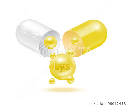 Lysine amino acid float out of the capsule. Vitamins complex and minerals yellow isolated on white background. For food supplement ad package design. Science medic concept. 3D Vector EPS10. 98012458