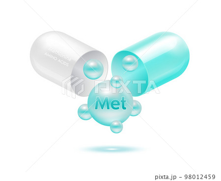 Methionine amino acid float out of the capsule. Vitamins complex and minerals blue isolated on white background. For food supplement ad package design. Science medic concept. Methionine amino acid float out of the capsule. Vitamins complex and minerals blue isolated on white background. For food supplement ad package design. Science medic concept. 98012459