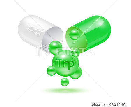 Tryptophan amino acid float out of the capsule. Vitamins complex and minerals green isolated on white background. 98012464