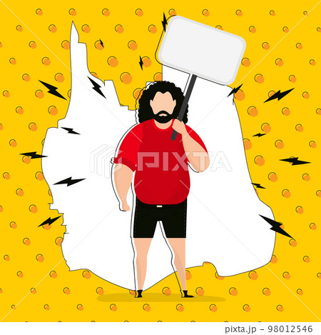 A man with an empty banner in his hands and a place for your text. Pop art. Flat style. Vector illustration. A man with an empty banner in his hands and a place for your text. Pop art. Flat style. Vector illustration. 98012546