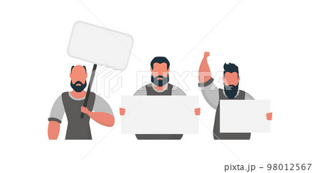 A group of men are holding an empty banner in their hands. With space for your text. Rally or protest concept. Cartoon style. A group of men are holding an empty banner in their hands. With space for your text. Rally or protest concept. Cartoon style. 98012567