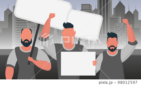 A group of men with a banner in their hands against the backdrop of the city. Protest concept. Vector illustration. Cartoon style. 98012597