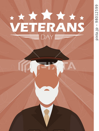 Veterans day banner. An elderly veteran in military uniform. Cartoon style, vector illustration. 98012599