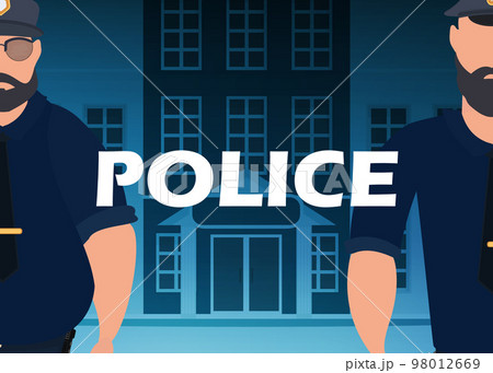 A police officer in a bulletproof vest in front of a police station. Square banner. Cartoon style. A police officer in a bulletproof vest in front of a police station. Square banner. Cartoon style. 98012669