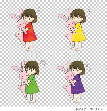 うさぎのぬいぐるみを持つ少女 表情セット うさぎのぬいぐるみを持つ少女 表情セット 98014173