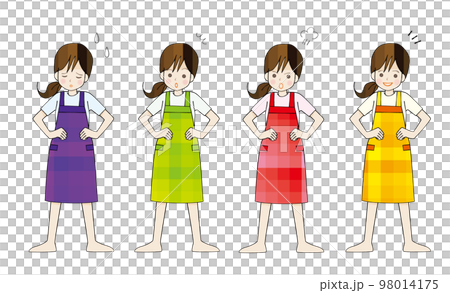 仁王立ちするエプロン姿の女性 母親 保母さん 表情セットのイラスト
